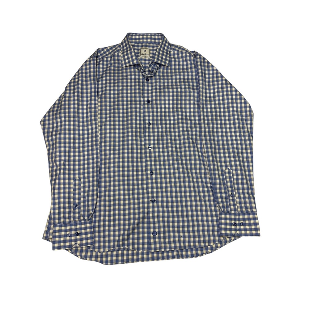 David Donahue Mens Blue White Gingham Check Dress Shirt XXL Cotton Long Sleeve